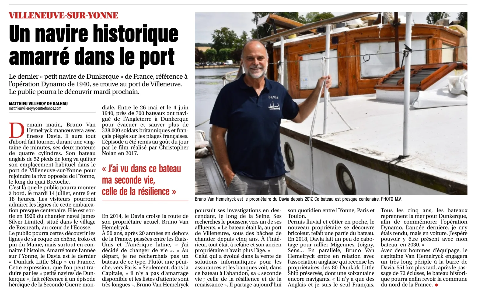 Article de presse d'une demi-page sur le Davia avec une photo du propriétaire sur le pont. 