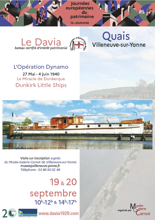 Le Davia en premier-plan des quais de Villeneuve-sur-Yonne avec le logo des JEPS2026